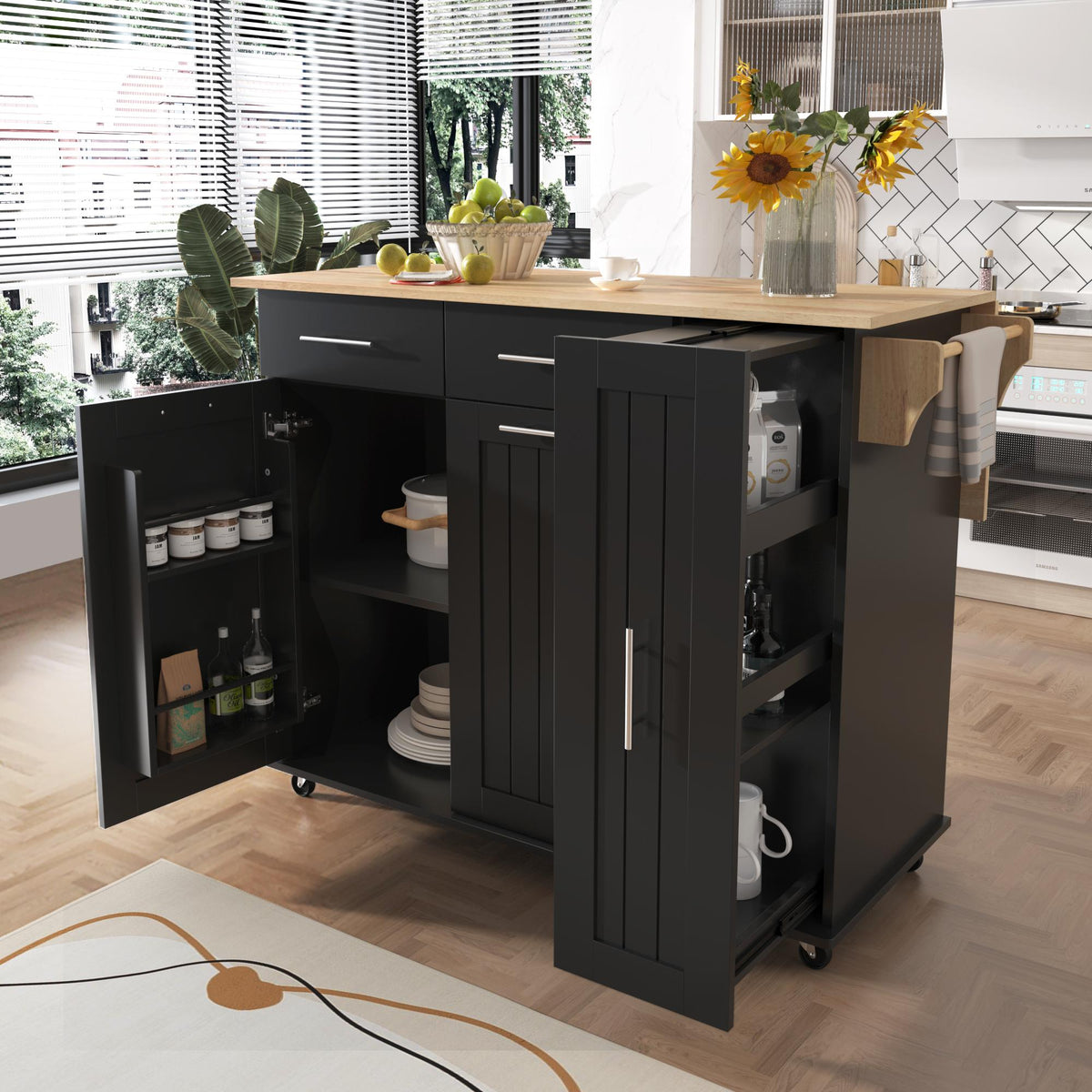 Bayfeve Kitchen Island with Drop Leaf, Kitchen Storage Cart with 3 Tier Pull Out Cabinet Organizer, Internal Storage Rack, Rolling Kitchen Cart on Wheels with Towel Rack, 2 Drawers, for Kitchen, Black