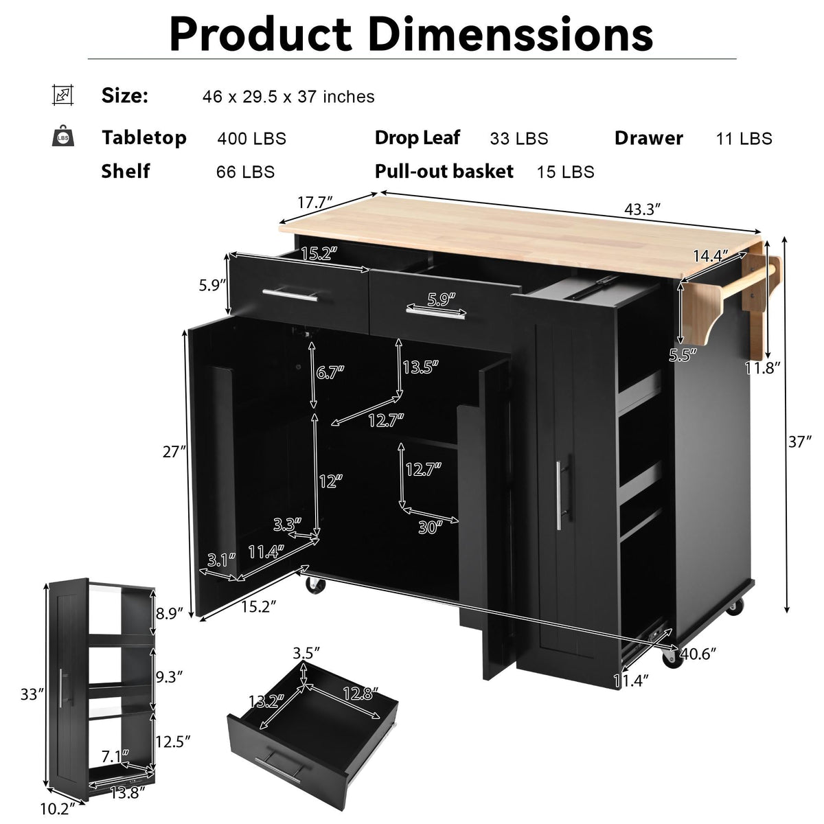 Bayfeve Kitchen Island with Drop Leaf, Kitchen Storage Cart with 3 Tier Pull Out Cabinet Organizer, Internal Storage Rack, Rolling Kitchen Cart on Wheels with Towel Rack, 2 Drawers, for Kitchen, Black