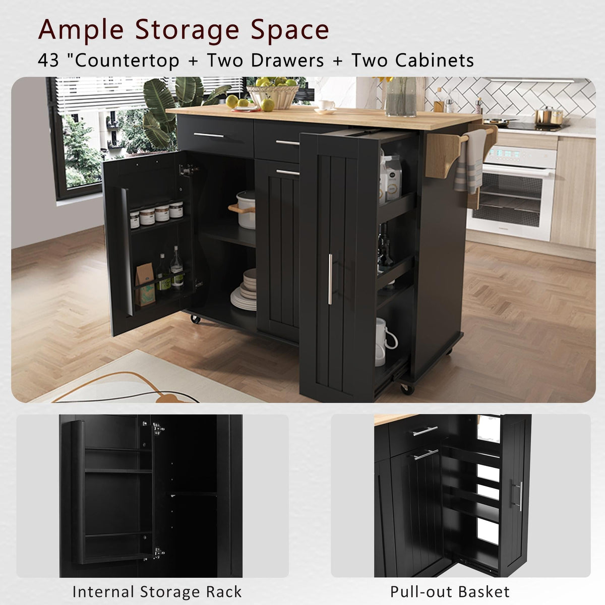 Bayfeve Kitchen Island with Drop Leaf, Kitchen Storage Cart with 3 Tier Pull Out Cabinet Organizer, Internal Storage Rack, Rolling Kitchen Cart on Wheels with Towel Rack, 2 Drawers, for Kitchen, Black