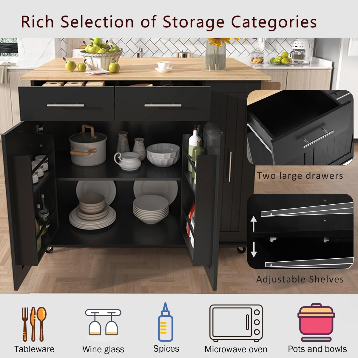 Bayfeve Kitchen Island with Drop Leaf, Kitchen Storage Cart with 3 Tier Pull Out Cabinet Organizer, Internal Storage Rack, Rolling Kitchen Cart on Wheels with Towel Rack, 2 Drawers, for Kitchen, Black