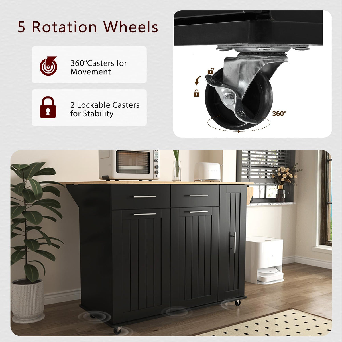 Bayfeve Kitchen Island with Drop Leaf, Kitchen Storage Cart with 3 Tier Pull Out Cabinet Organizer, Internal Storage Rack, Rolling Kitchen Cart on Wheels with Towel Rack, 2 Drawers, for Kitchen, Black