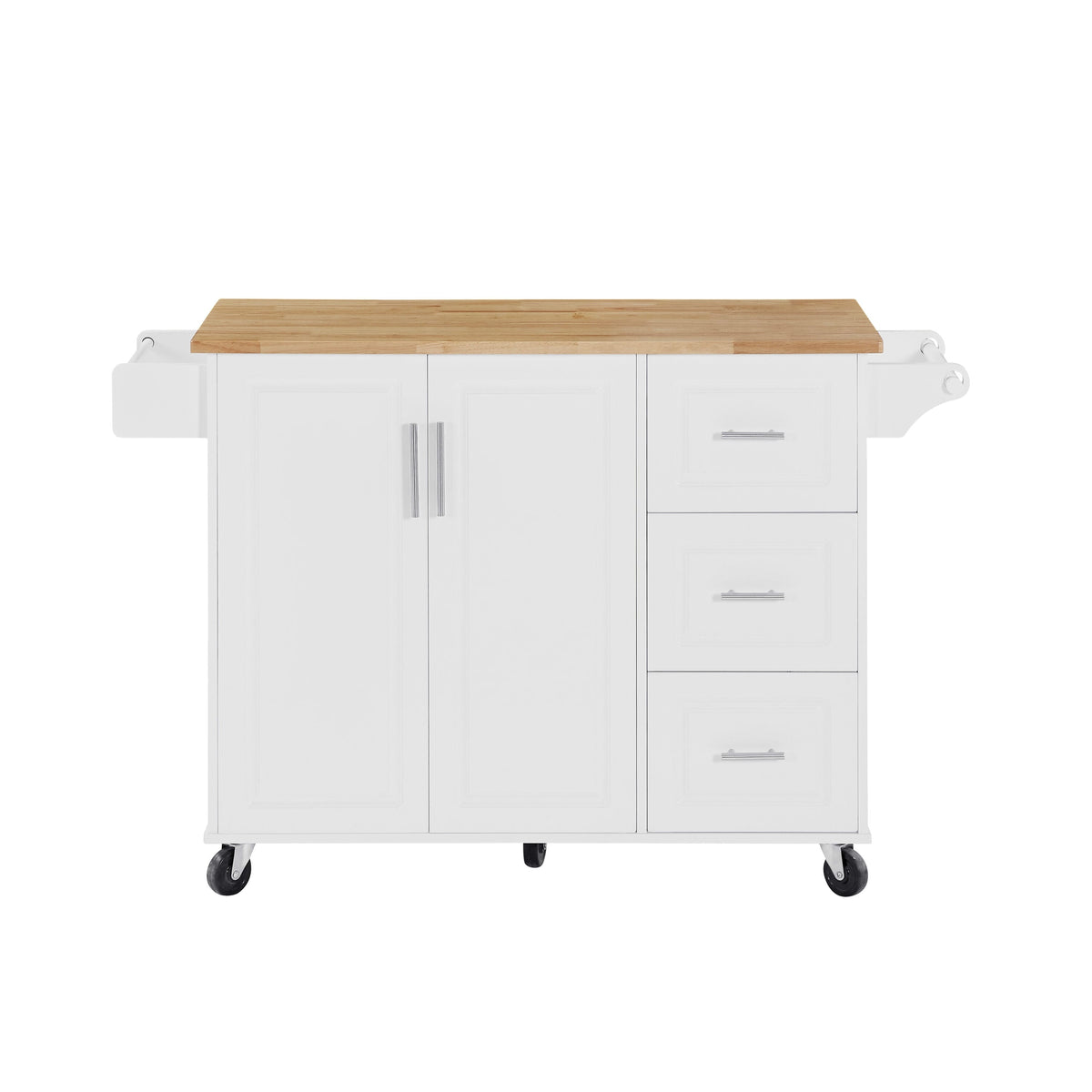 Bayfeve White Rolling Kitchen Island with Drop Leaf Countertop, with Storage Cabinet and Tower Rack