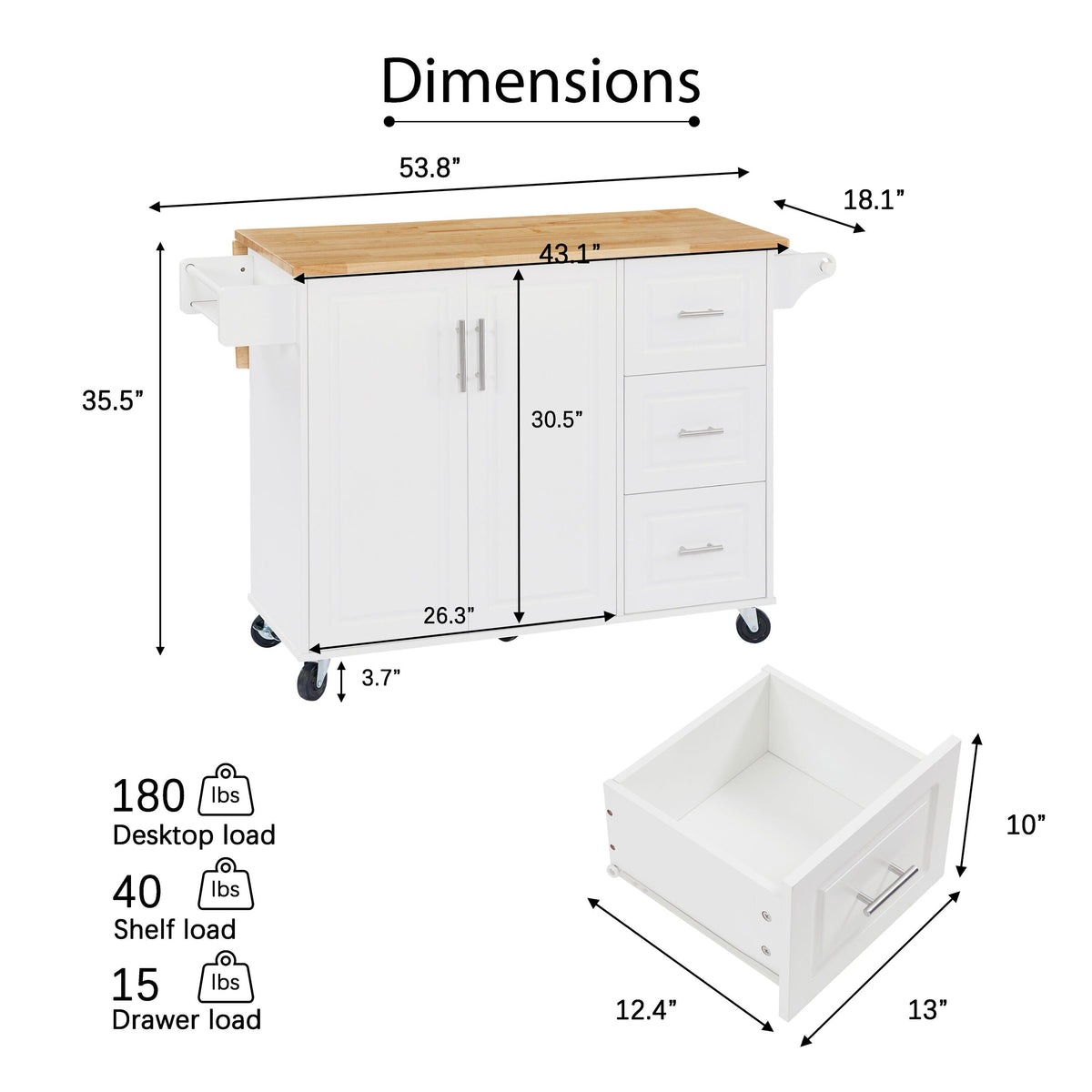Bayfeve White Rolling Kitchen Island with Drop Leaf Countertop, with Storage Cabinet and Tower Rack