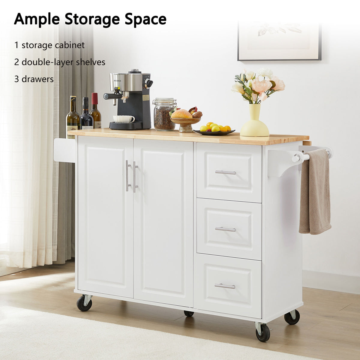 Bayfeve White Rolling Kitchen Island with Drop Leaf Countertop, with Storage Cabinet and Tower Rack