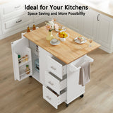Bayfeve White Rolling Kitchen Island with Drop Leaf Countertop, with Storage Cabinet and Tower Rack