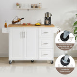 Bayfeve White Rolling Kitchen Island with Drop Leaf Countertop, with Storage Cabinet and Tower Rack