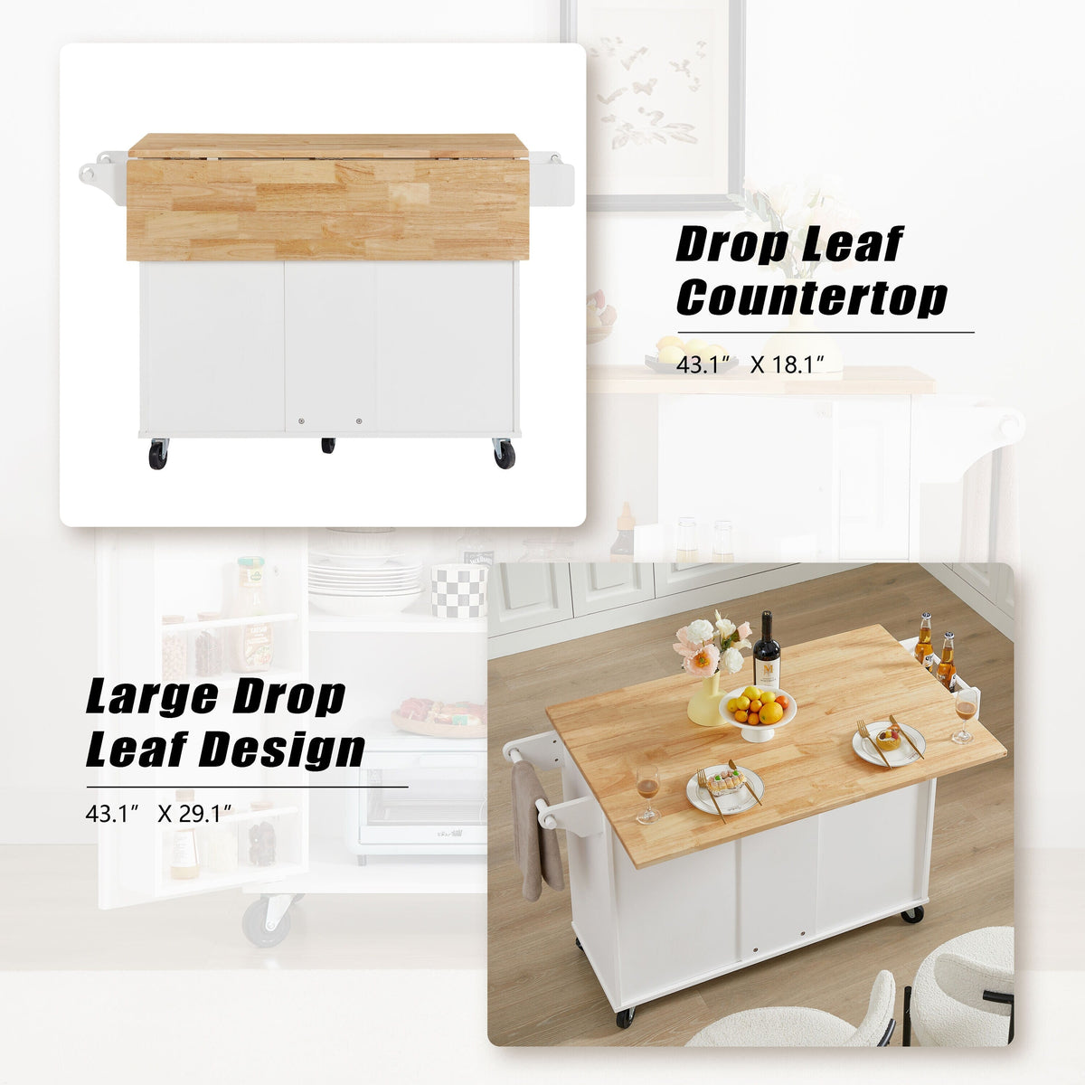 Bayfeve White Rolling Kitchen Island with Drop Leaf Countertop, with Storage Cabinet and Tower Rack