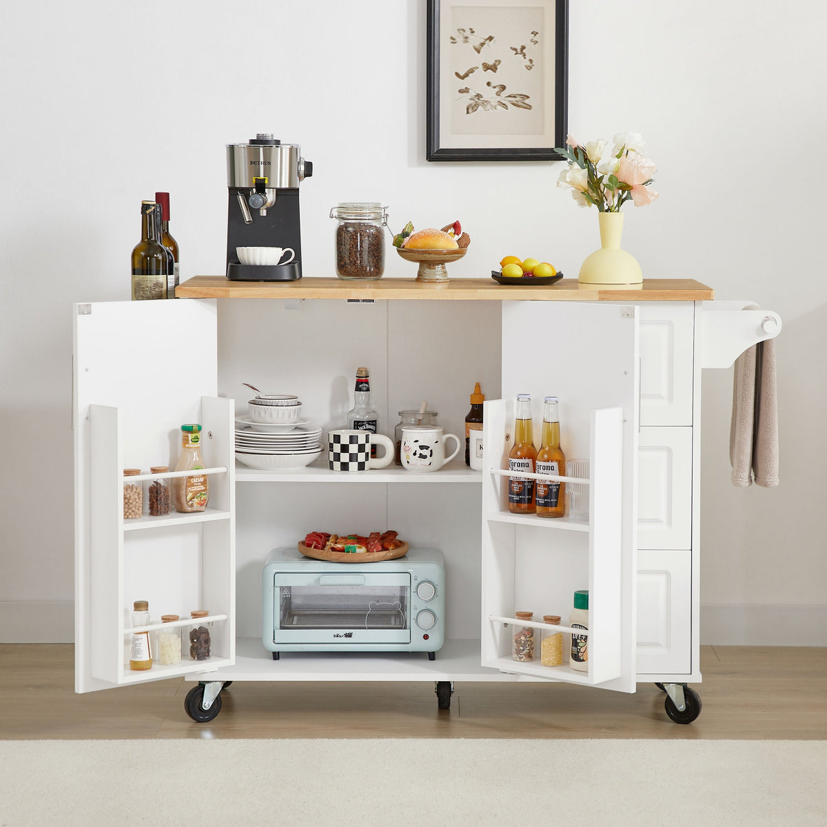 Bayfeve White Rolling Kitchen Island with Drop Leaf Countertop, with Storage Cabinet and Tower Rack