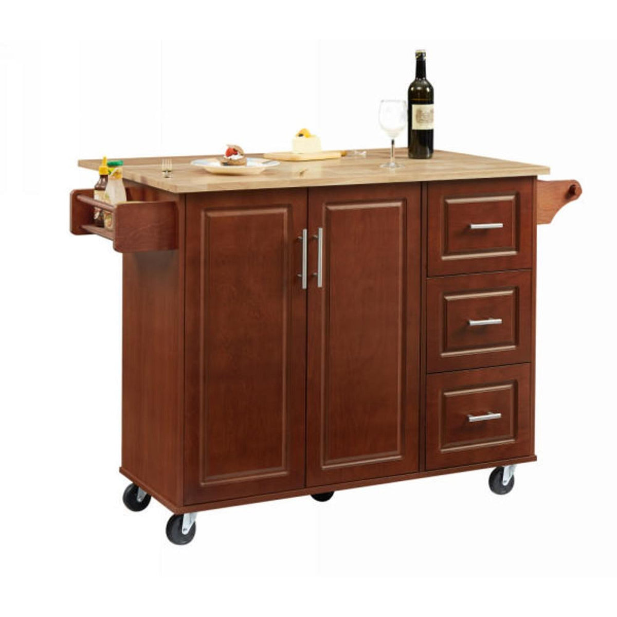 Bayfeve Retro Brown Rolling Kitchen Island with Drop Leaf Countertop, with Storage Cabinet and Tower Rack