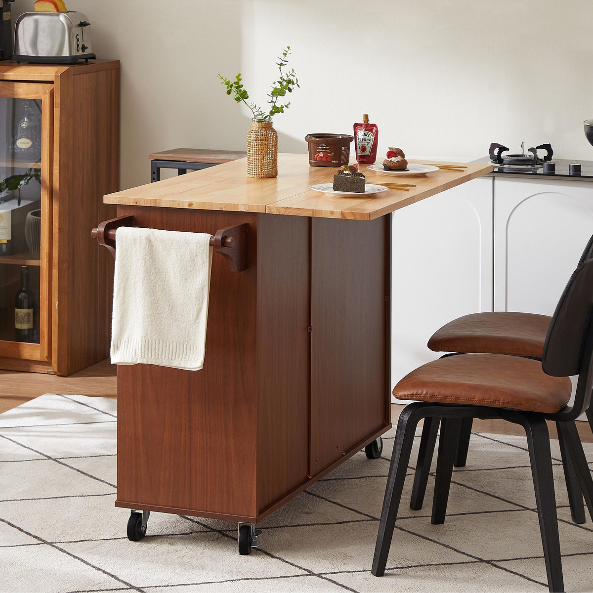 Bayfeve Retro Brown Rolling Kitchen Island with Drop Leaf Countertop, with Storage Cabinet and Tower Rack