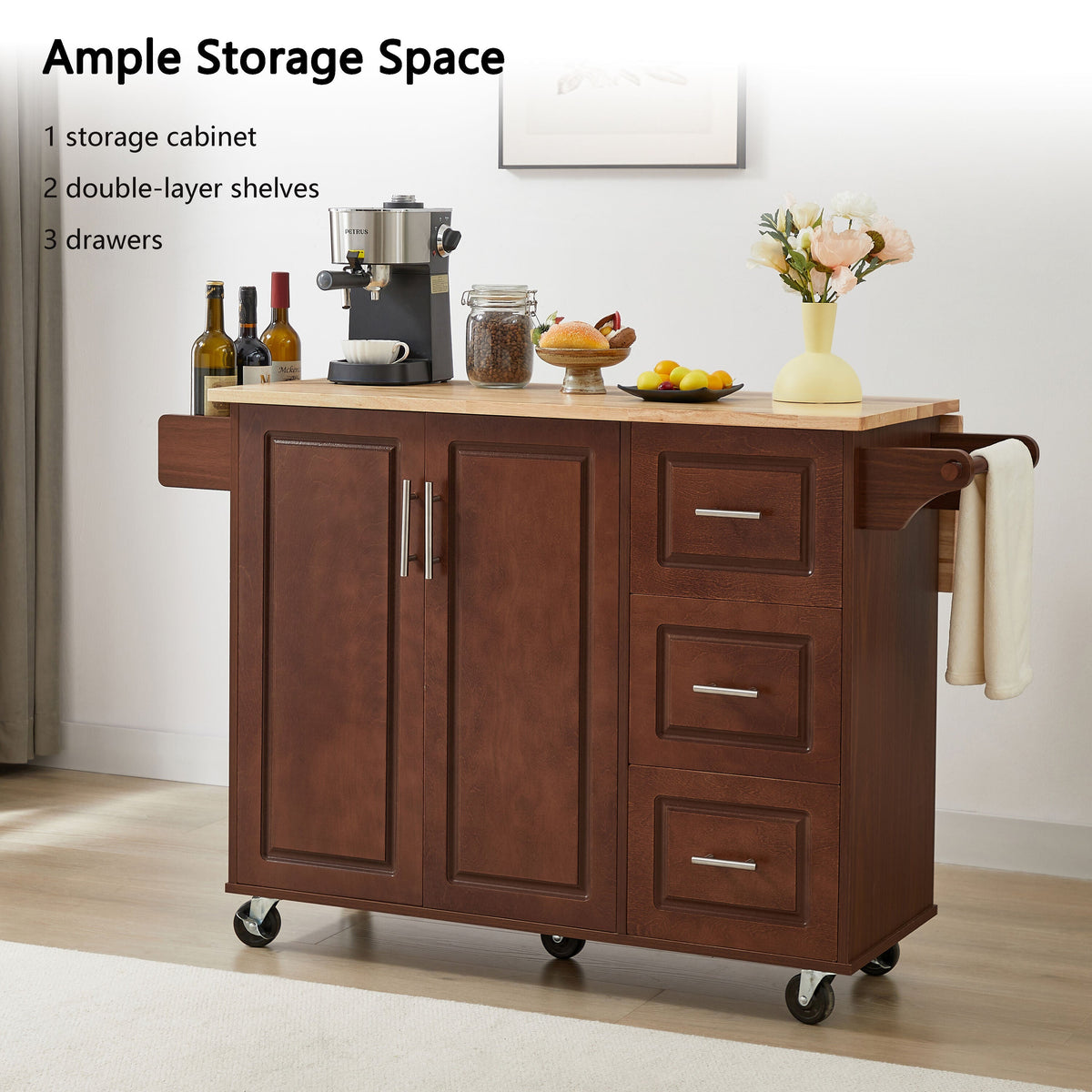 Bayfeve Retro Brown Rolling Kitchen Island with Drop Leaf Countertop, with Storage Cabinet and Tower Rack