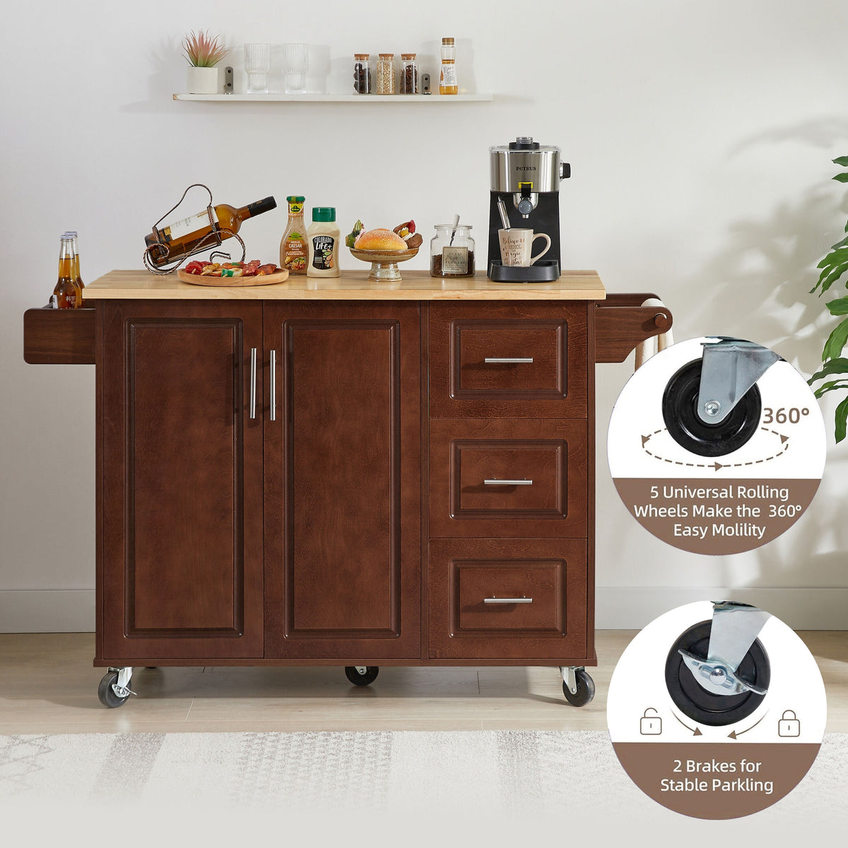 Bayfeve Retro Brown Rolling Kitchen Island with Drop Leaf Countertop, with Storage Cabinet and Tower Rack