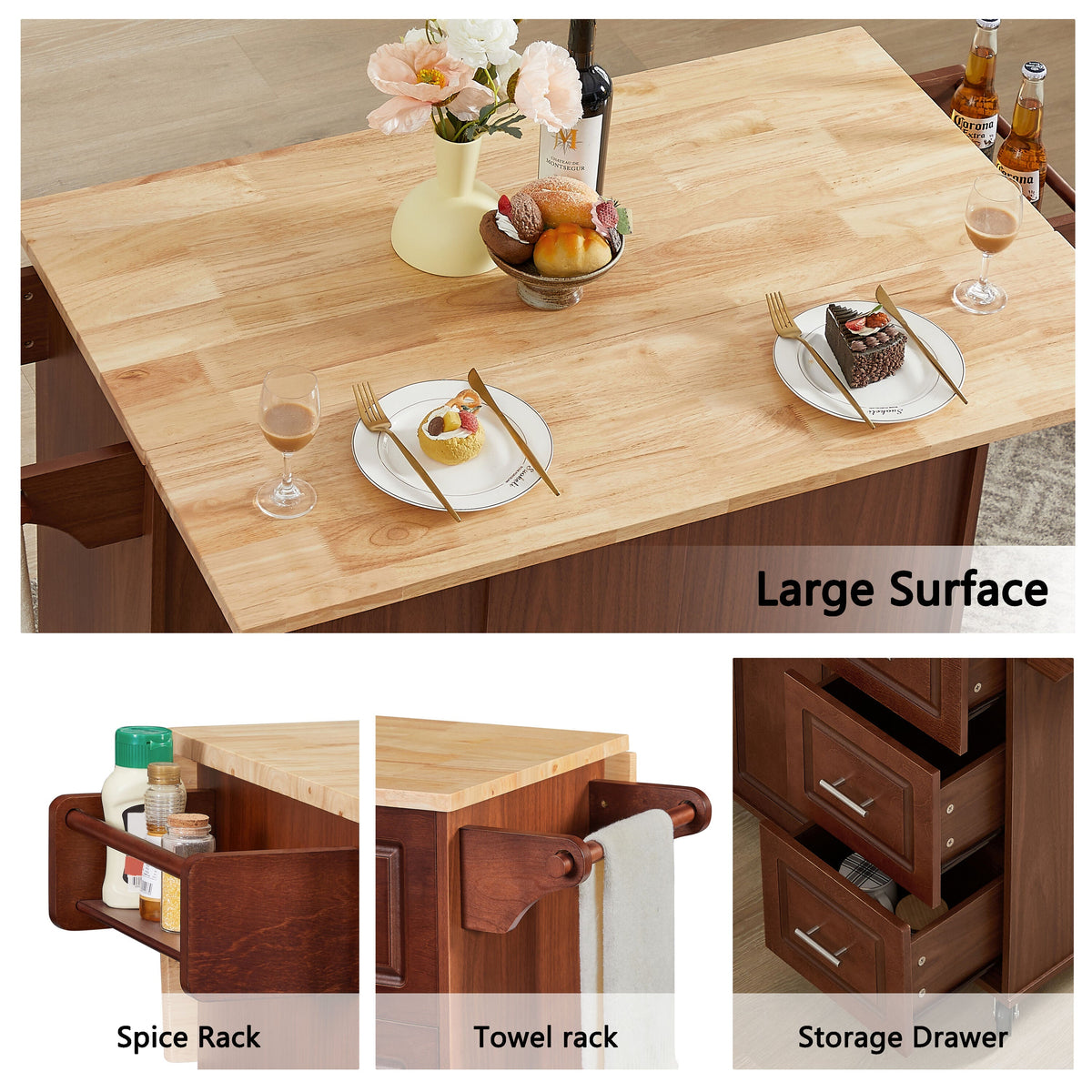 Bayfeve Retro Brown Rolling Kitchen Island with Drop Leaf Countertop, with Storage Cabinet and Tower Rack