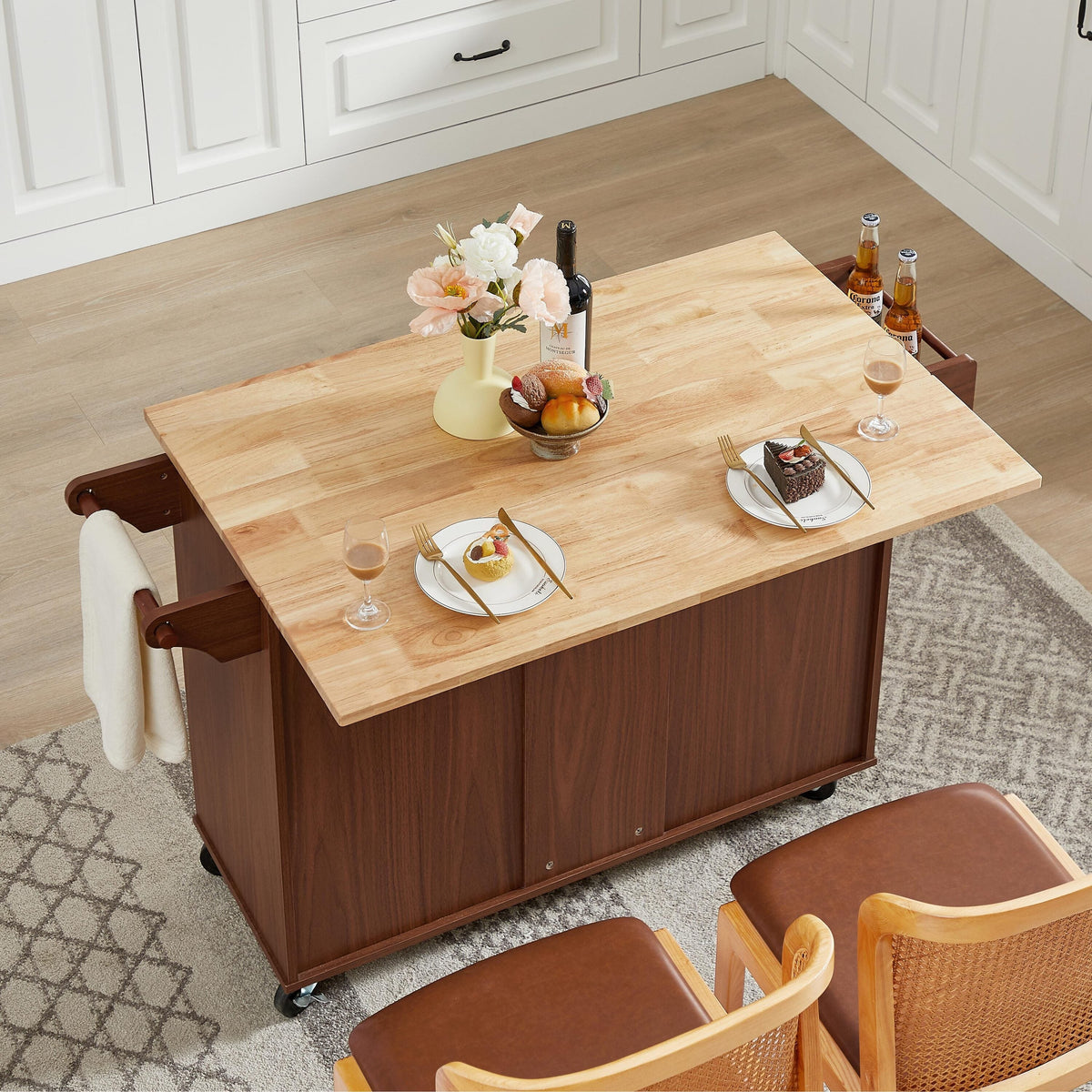 Bayfeve Retro Brown Rolling Kitchen Island with Drop Leaf Countertop, with Storage Cabinet and Tower Rack