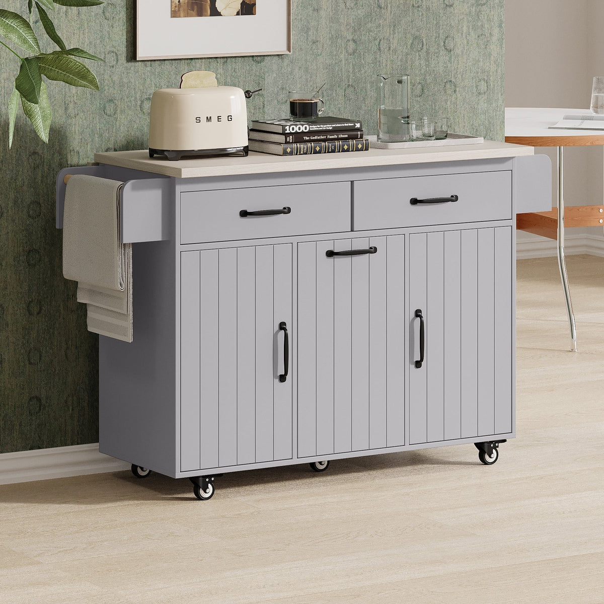 Bayfeve Kitchen Island with Trash Can Storage Cabinet, Kitchen Cart with Drop Leaf, Spice Rack, Towel Rack and Drawer, Rolling Kitchen Island on Wheels with Adjustable Shelf, Grey