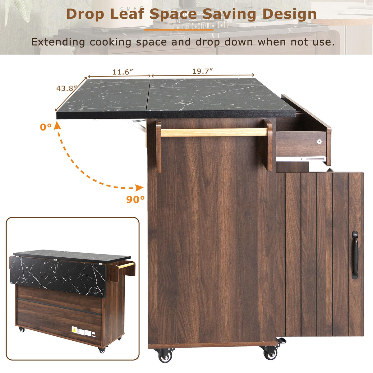Bayfeve Kitchen Island with Trash Can Storage Cabinet, Kitchen Cart with Drop Leaf, Spice Rack, Towel Rack and Drawer, Rolling Kitchen Island on Wheels with Adjustable Shelf, Walnut Brown