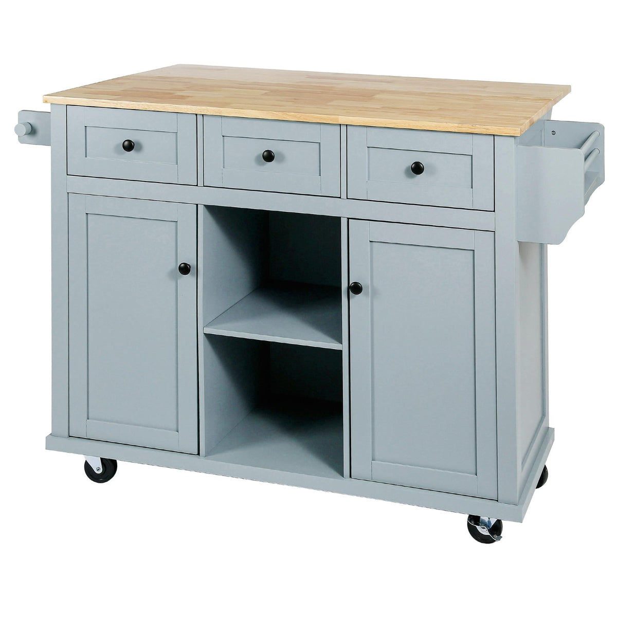 Bayfeve Grey Blue Kitchen Cart with Rubber wood Drop-Leaf Countertop ,Cabinet door internal storage racks,Kitchen Island on 5 Wheels with Storage Cabinet and 3 Drawers for Dinning Room