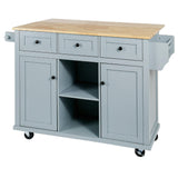 Bayfeve Grey Blue Kitchen Cart with Rubber wood Drop-Leaf Countertop ,Cabinet door internal storage racks,Kitchen Island on 5 Wheels with Storage Cabinet and 3 Drawers for Dinning Room