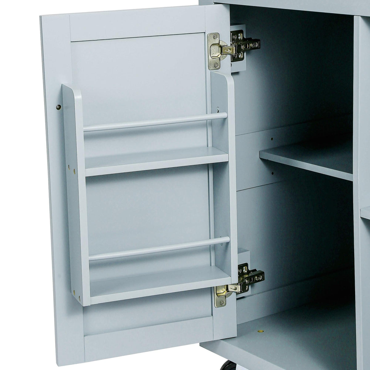 Bayfeve Grey Blue Kitchen Cart with Rubber wood Drop-Leaf Countertop ,Cabinet door internal storage racks,Kitchen Island on 5 Wheels with Storage Cabinet and 3 Drawers for Dinning Room