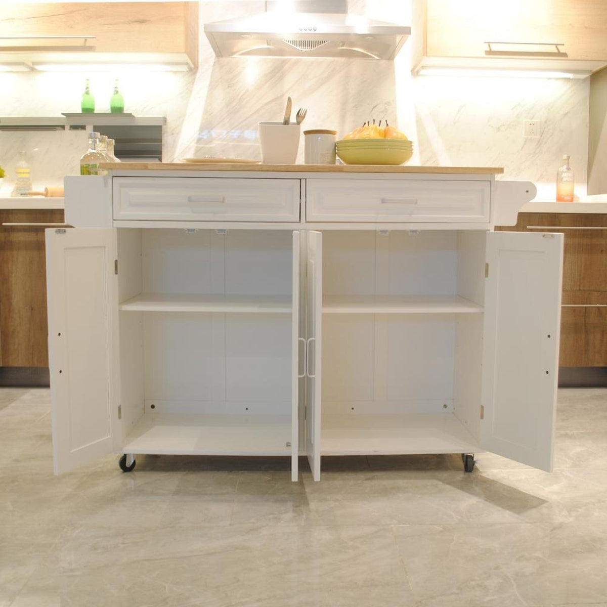 Bayfeve Kitchen Island  Kitchen Cart, Mobile Kitchen Island, Rubber Wood Top, Big  Adjustable Shelf Inside Cabinet for Different Utensils