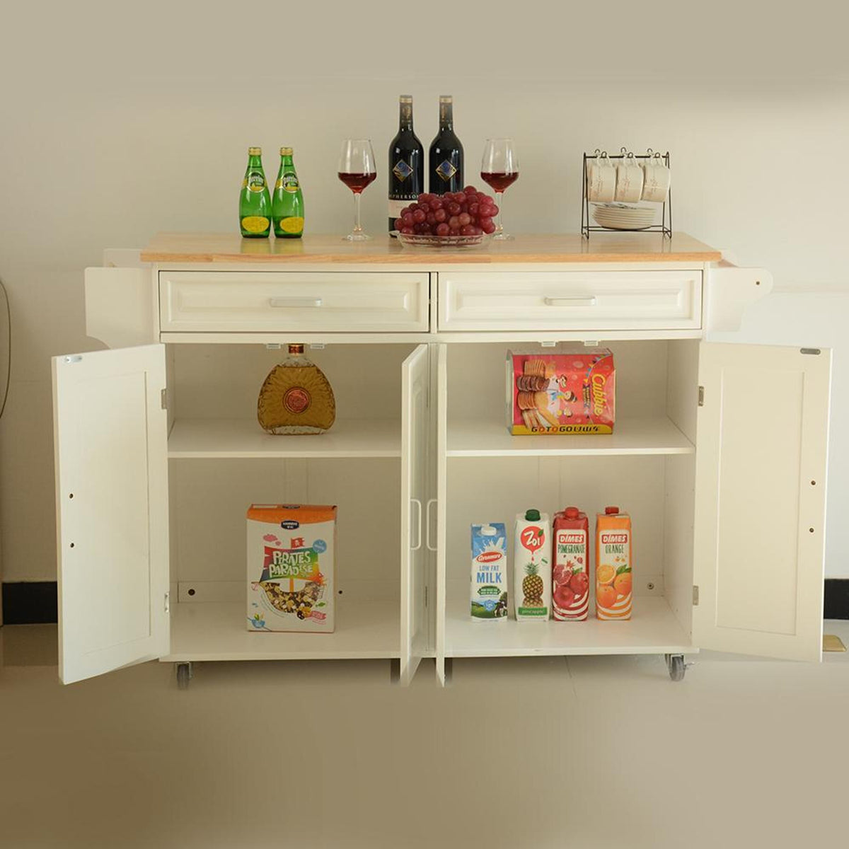Bayfeve Kitchen Island  Kitchen Cart, Mobile Kitchen Island, Rubber Wood Top, Big  Adjustable Shelf Inside Cabinet for Different Utensils