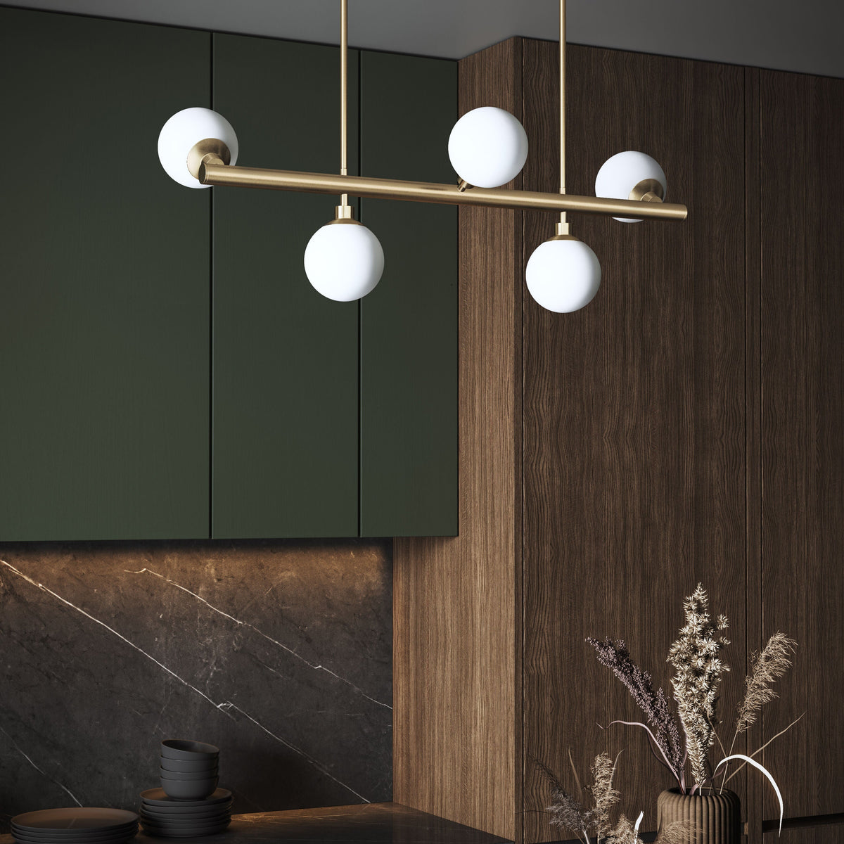 Progress Lighting Avec 5-Light Brushed Gold Modern/Contemporary White Glass Linear Large Hanging Kitchen Island Light