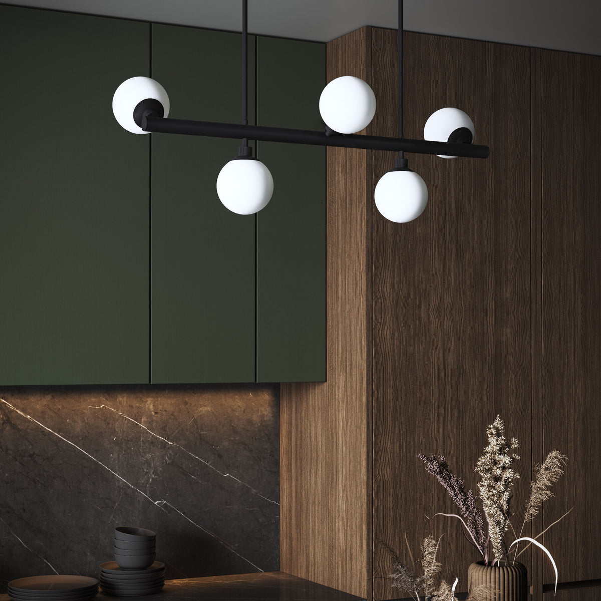Progress Lighting Avec 5-Light Matte Black Modern/Contemporary White Glass Linear Large Hanging Kitchen Island Light