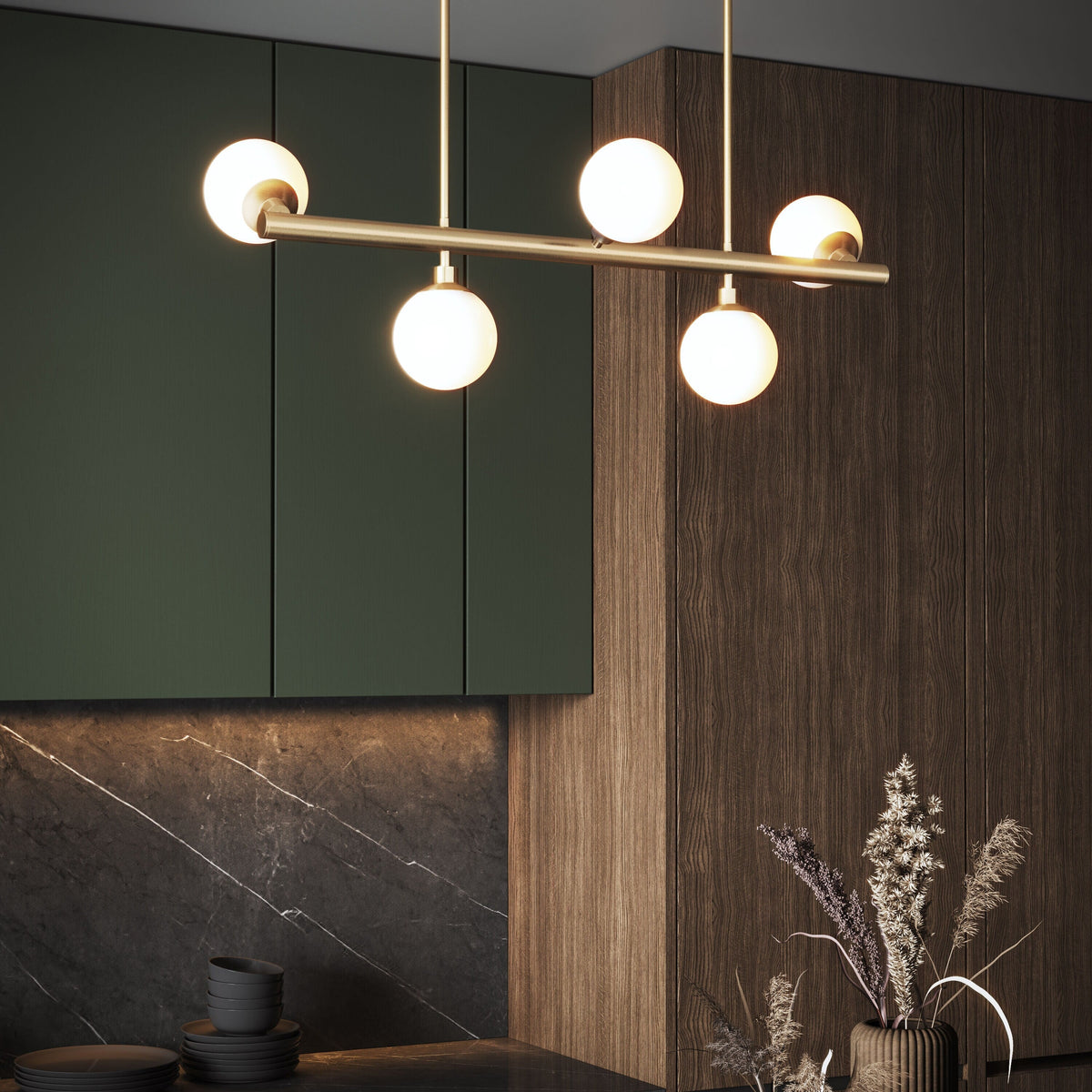 Progress Lighting Avec 5-Light Brushed Gold Modern/Contemporary White Glass Linear Large Hanging Kitchen Island Light