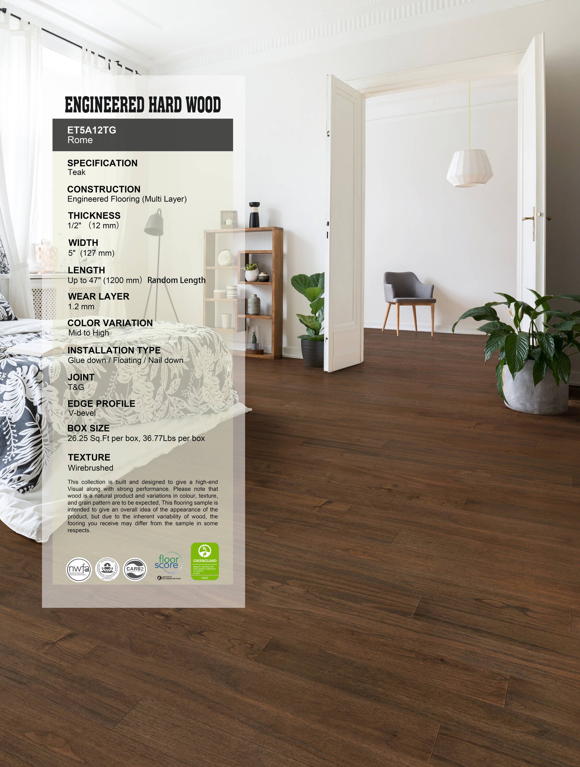 allen + roth Teak Rome hardwood flooring — carton and plank detail