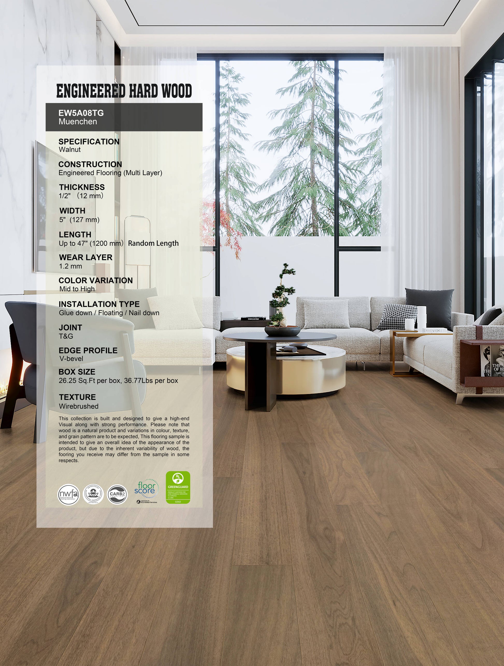 allen + roth Walnut Muenchen hardwood flooring — carton and plank detail
