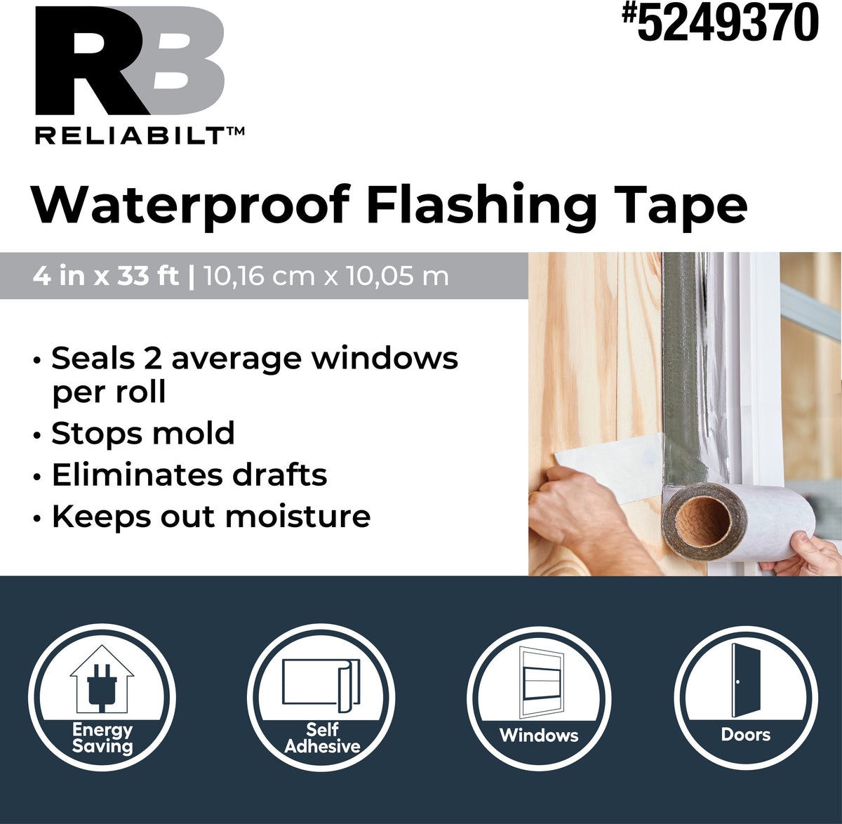RELIABILT Self-Adhesive Waterproof Flashing Tape, 4-in x 33-ft, Silver Rubberized Asphalt Roll (RB433)