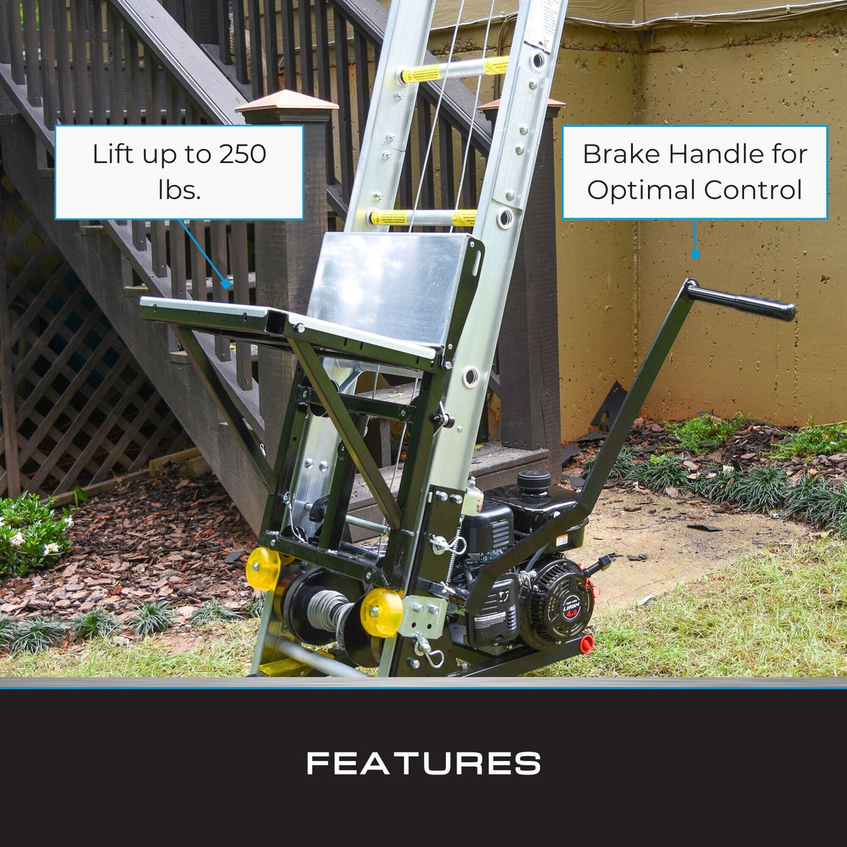 Tie Down TranzPorter TP250 Roofing Platform Ladder Hoist with Lifan Engine, 28–44 ft Reach, 250 lb Capacity