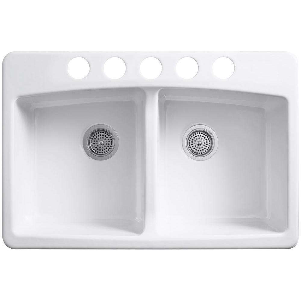 Brookfield Undermount Cast Iron 33 in. 5-Hole Double Bowl Kitchen Sink in White - Super Arbor