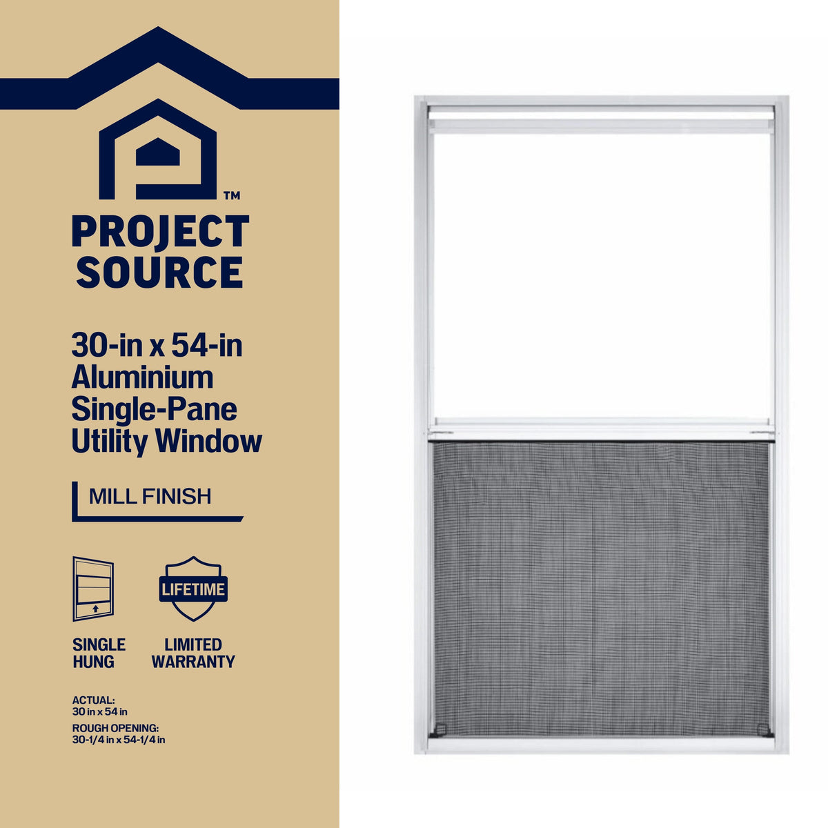 Project Source 40000 Series Replacement 30-in x 54-in x 1-3/4-in Jamb Silver Aluminum Single-Pane Single-Hung Window, Half Screen Included