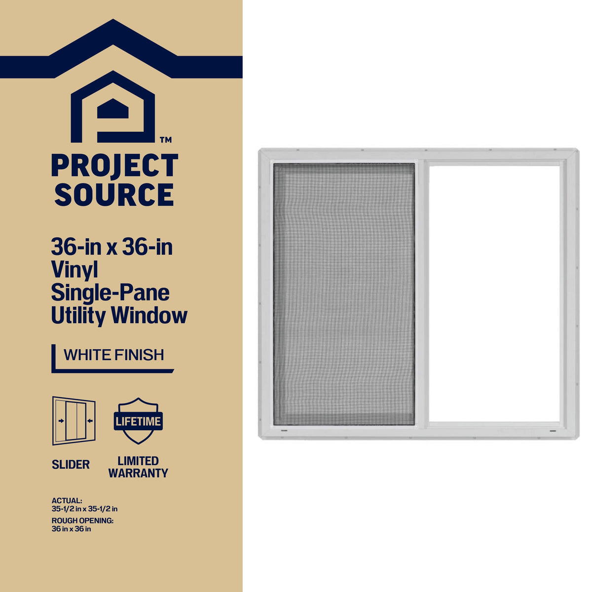 Project Source 10001 Series 35-1/2-in x 35-1/2-in x 3-in Jamb Left-operable Vinyl White Sliding Window Half Screen Included