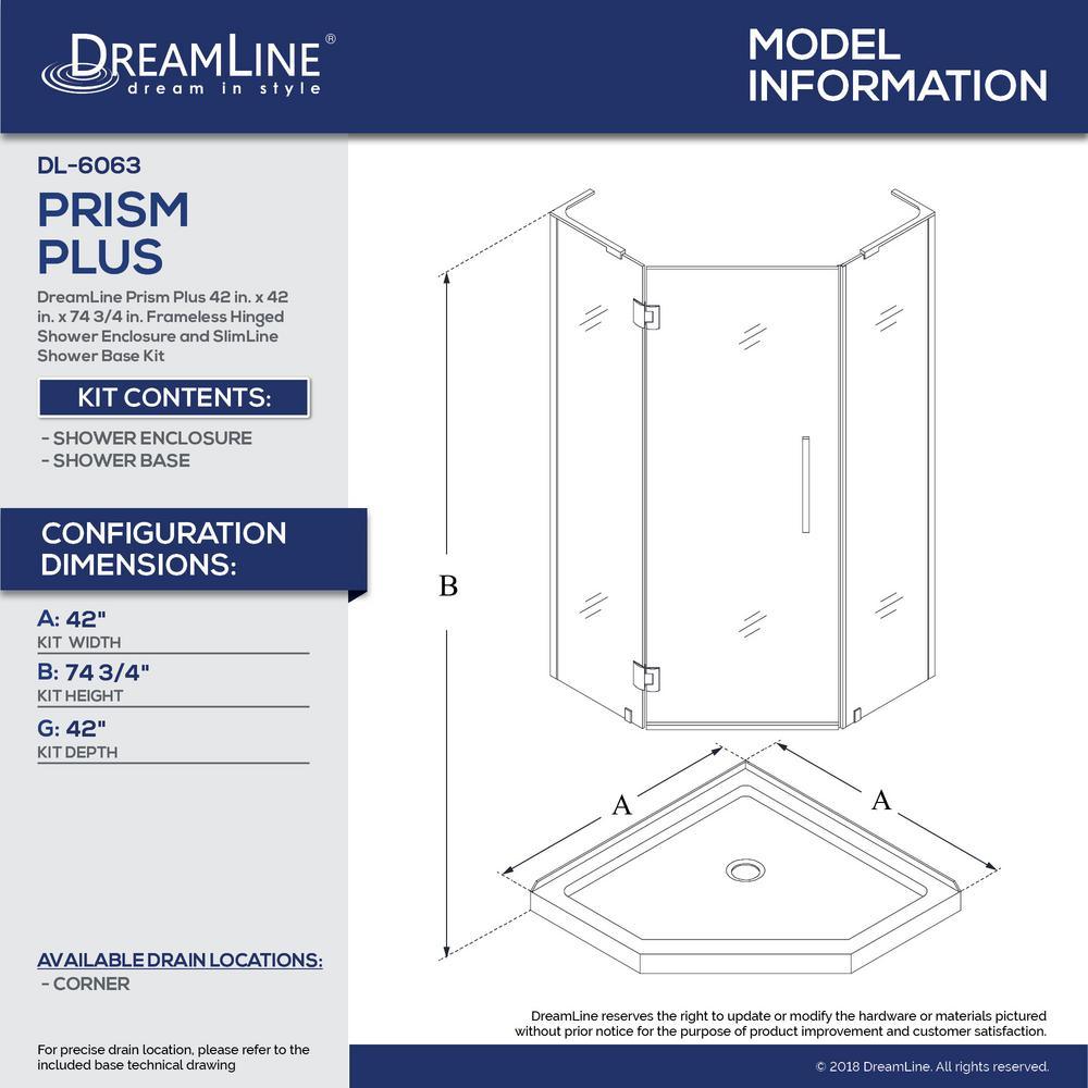 Prism Plus 42 in. x 42 in. x 74.75 in. Semi-Frameless Neo-Angle Hinged Shower Enclosure in Brushed Nickel with Base - Super Arbor