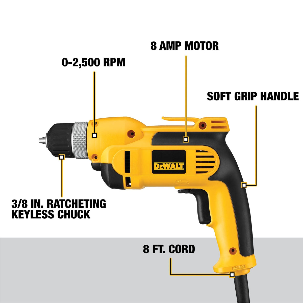 DEWALT 8-Amp 3/8-in Keyless Corded Drill, Soft Bag, 0-2500 RPM (DWD110K)