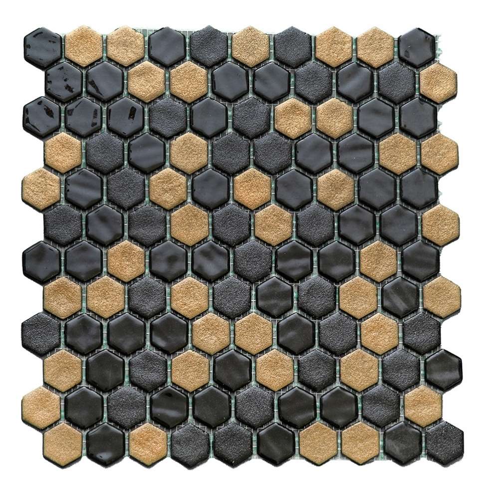 The Tile Life Eterna Hex Black and Gold 1-in x 1-in Multi-finish Glass Hexagon Mosaic Floor and Wall Tile product image