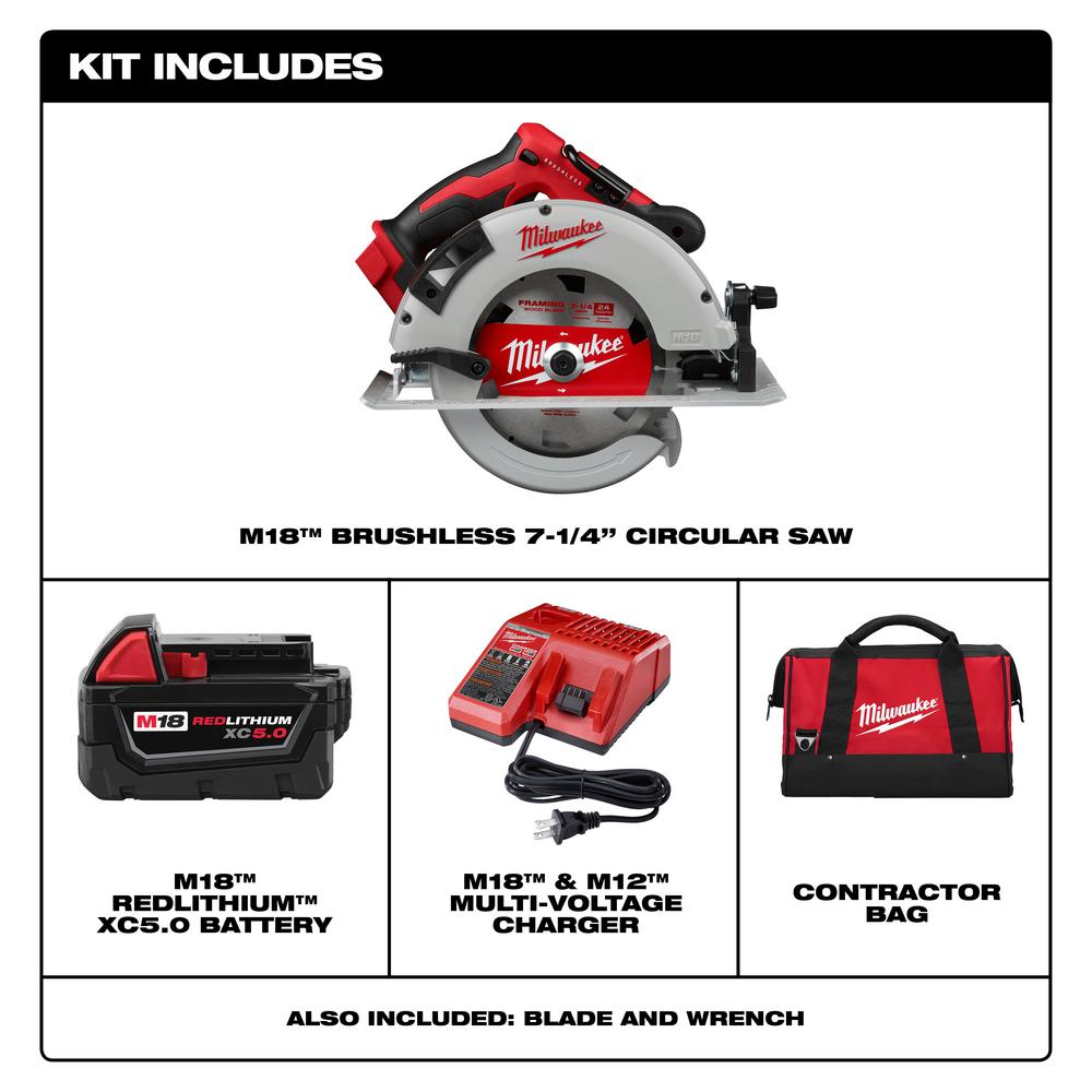 M18 18-Volt Lithium-Ion Brushless Cordless 7-1/4 in. Circular Saw Kit with 1 Battery 5.0Ah, Charger and Bag - Super Arbor