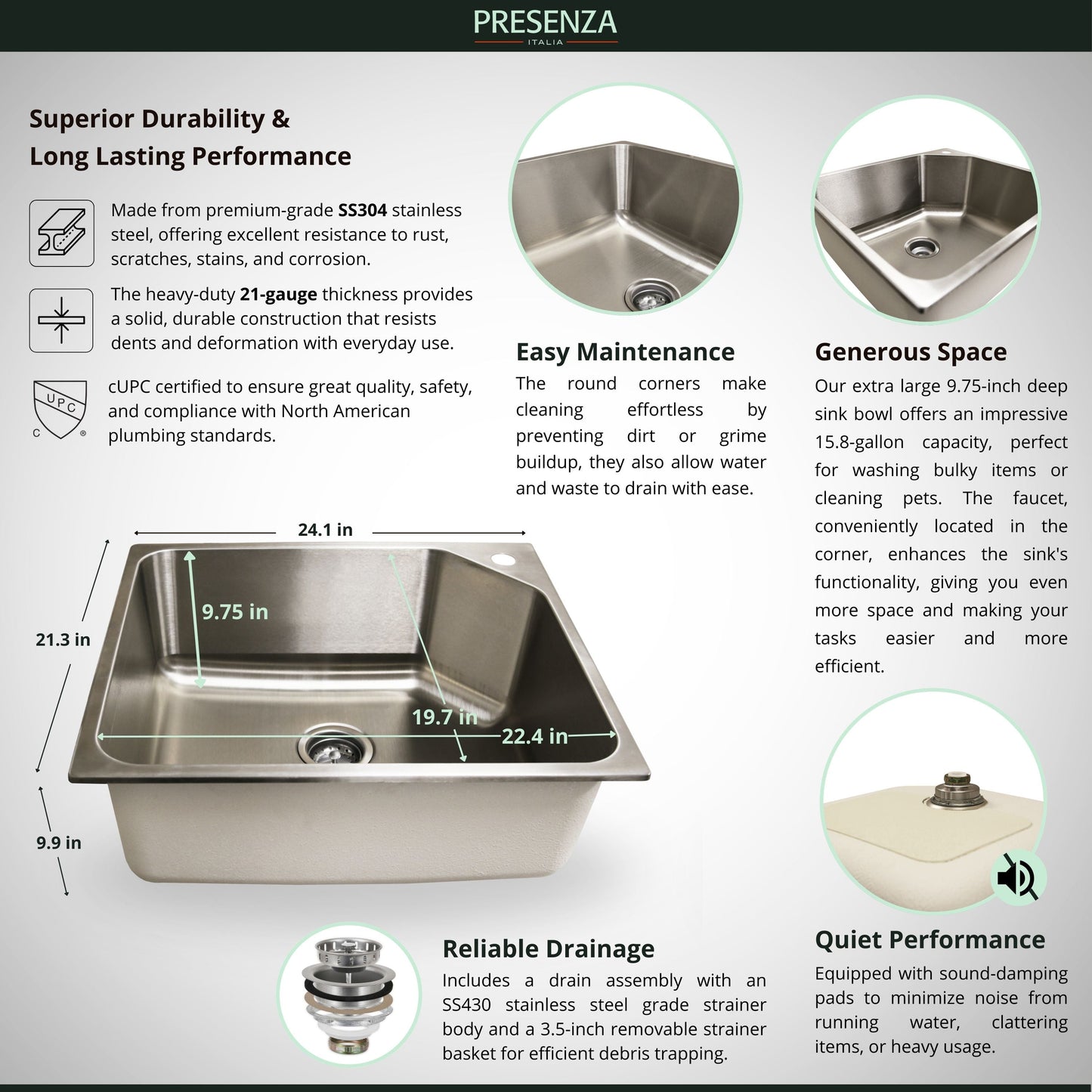Presenza Brushed Steel Drop-In Utility Tub with Cabinet and Faucet