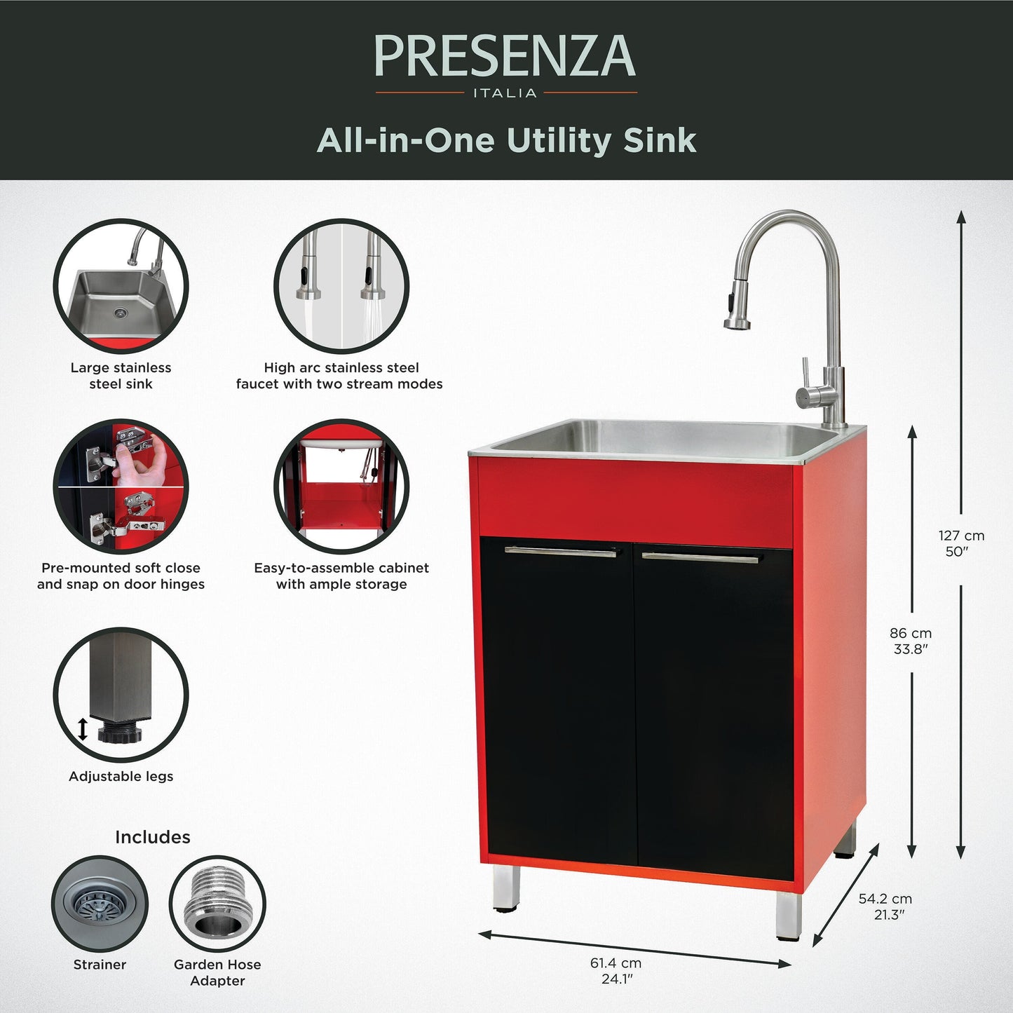 Presenza Brushed Steel Drop-In Utility Tub with Cabinet and Faucet
