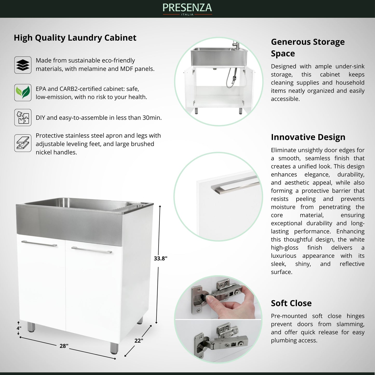 Presenza Brushed Steel Utility Tub with Faucet and Cabinet