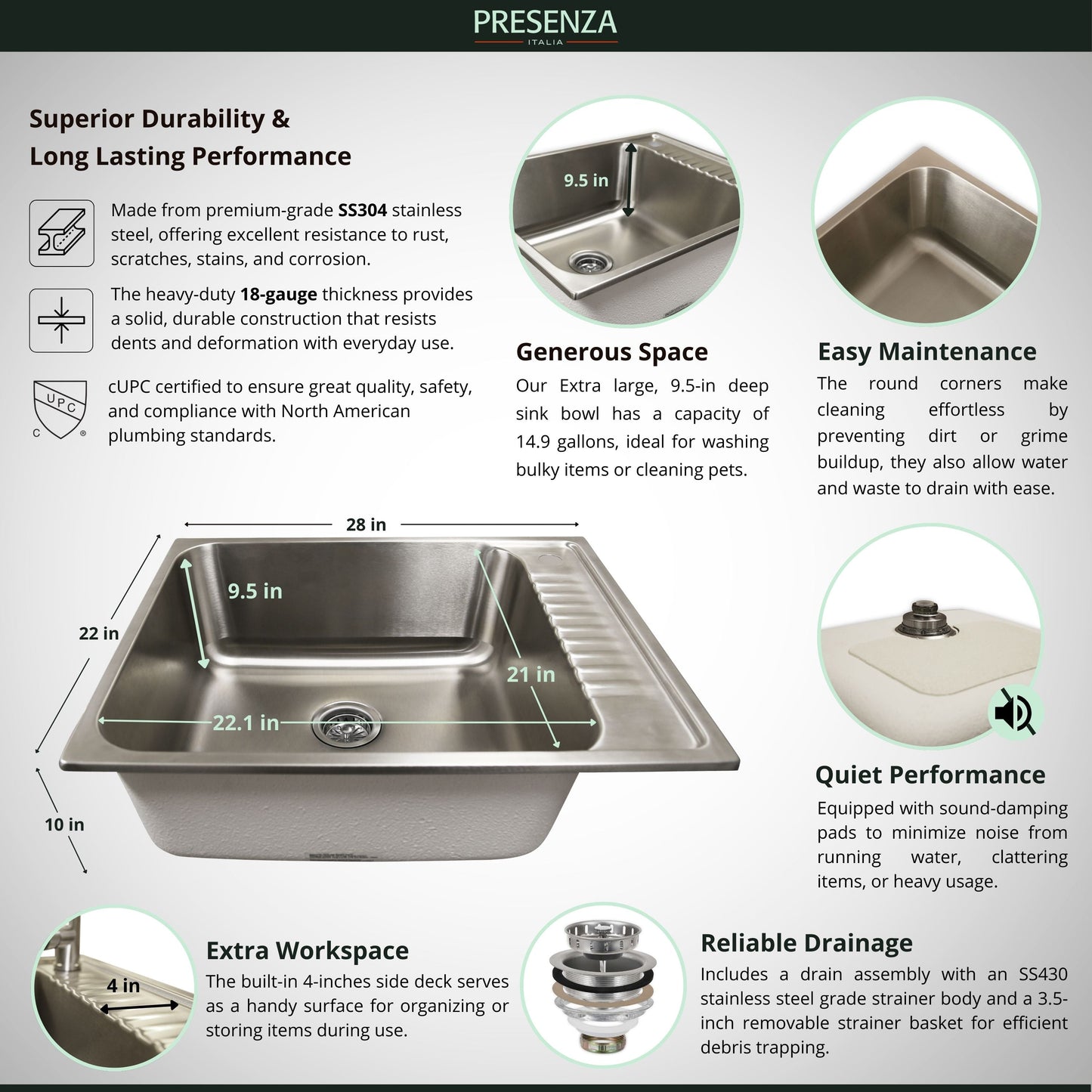 Presenza Brushed Steel Utility Tub with Faucet and Cabinet