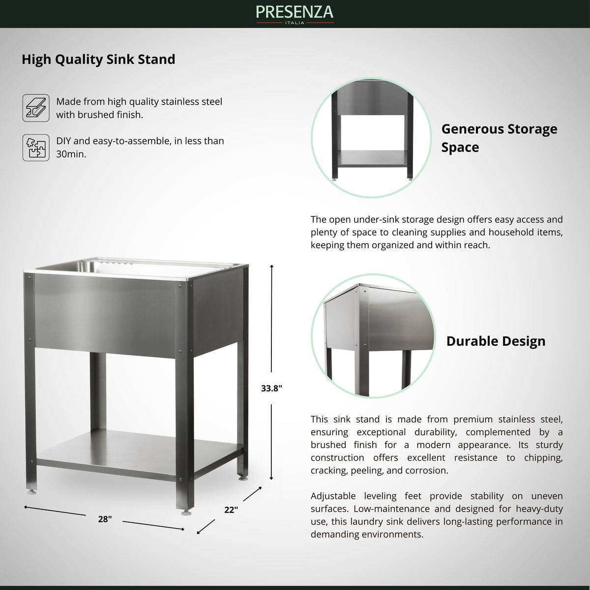 Presenza 24.1-in x 21.3-in Brushed Steel Utility Tub with Faucet
