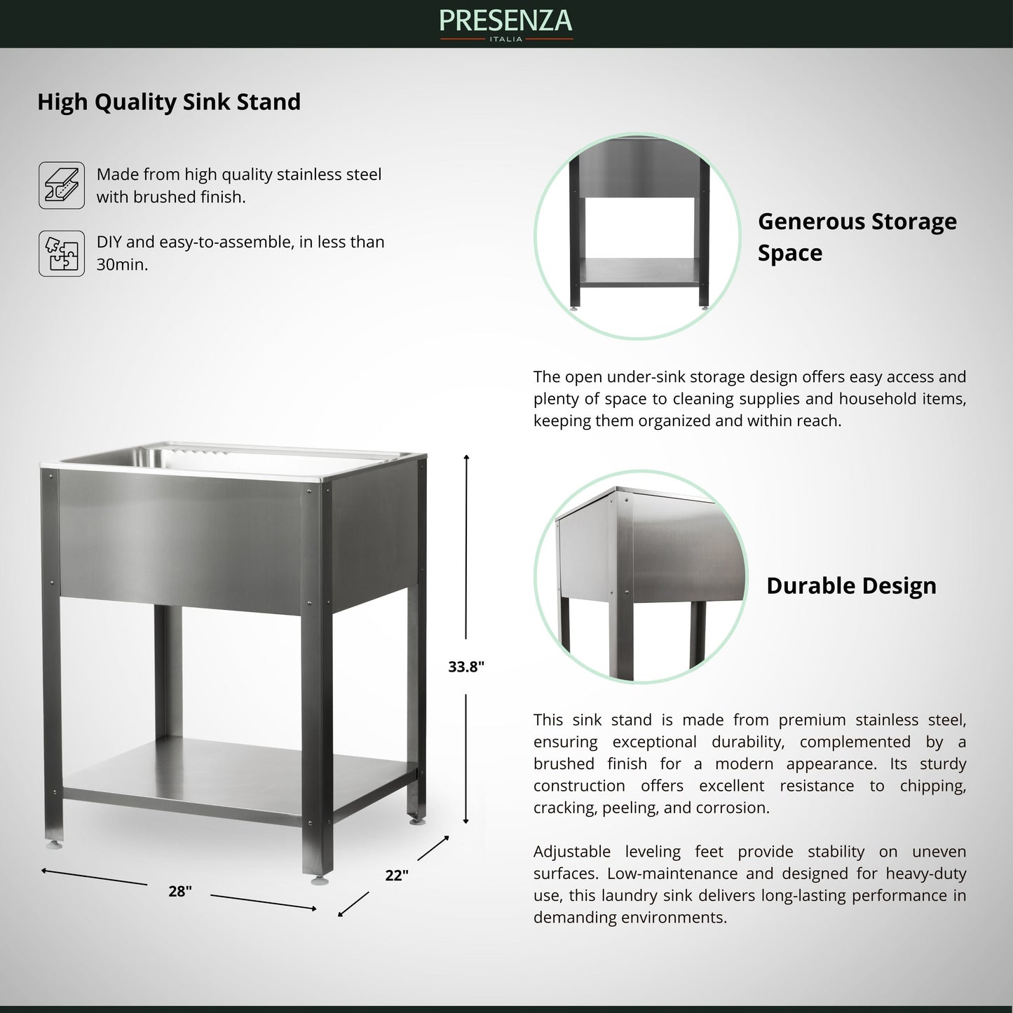 Presenza Brushed Steel Drop-In Utility Tub with Faucet