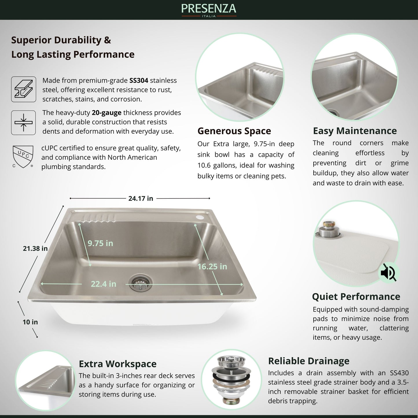 Presenza Brushed Steel Drop-In Utility Tub with Faucet