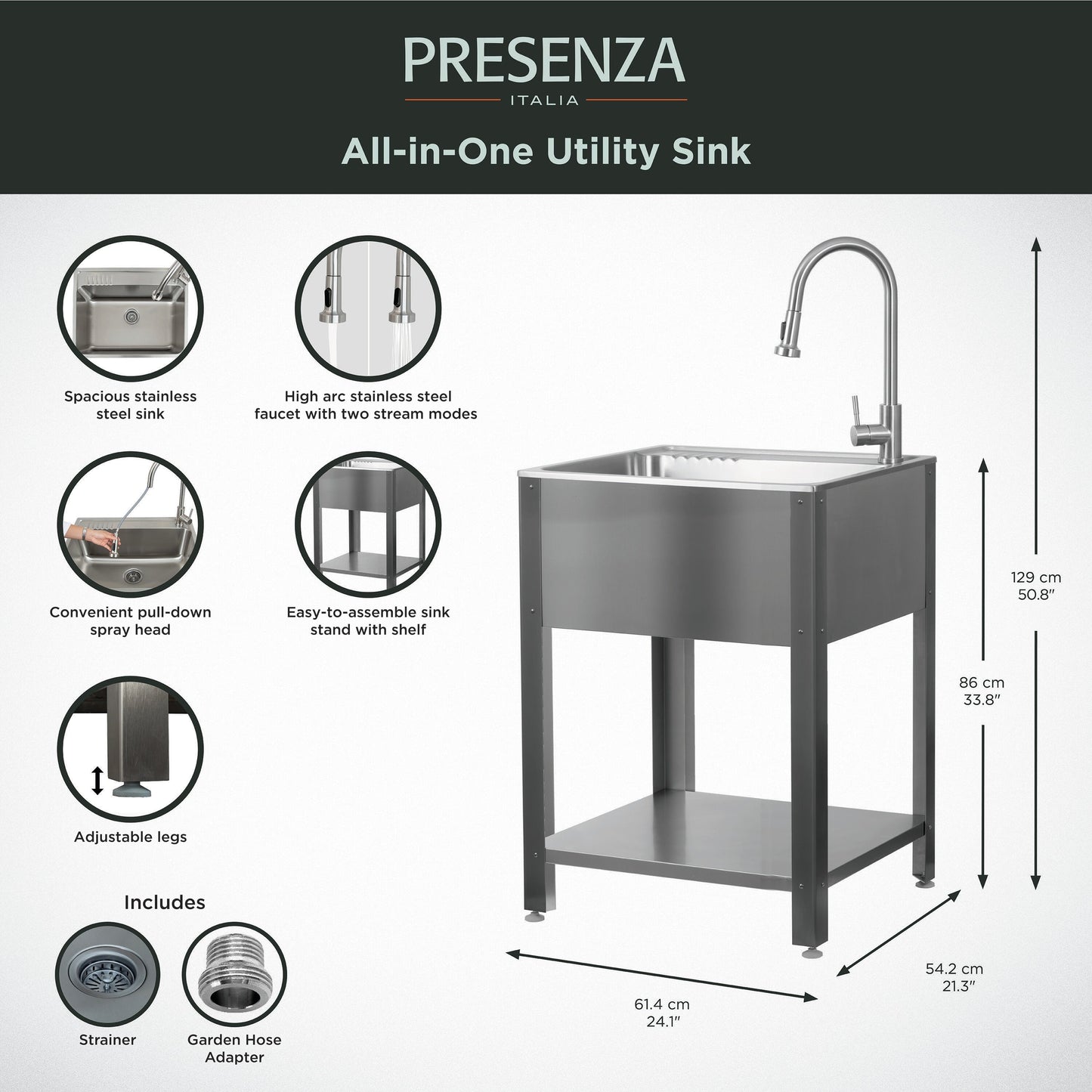 Presenza Brushed Steel Drop-In Utility Tub with Faucet