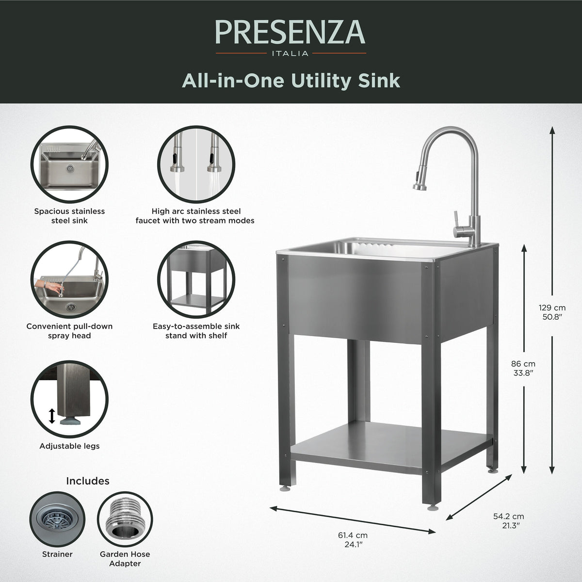 Presenza 24.1-in x 21.3-in Brushed Steel Utility Tub with Faucet