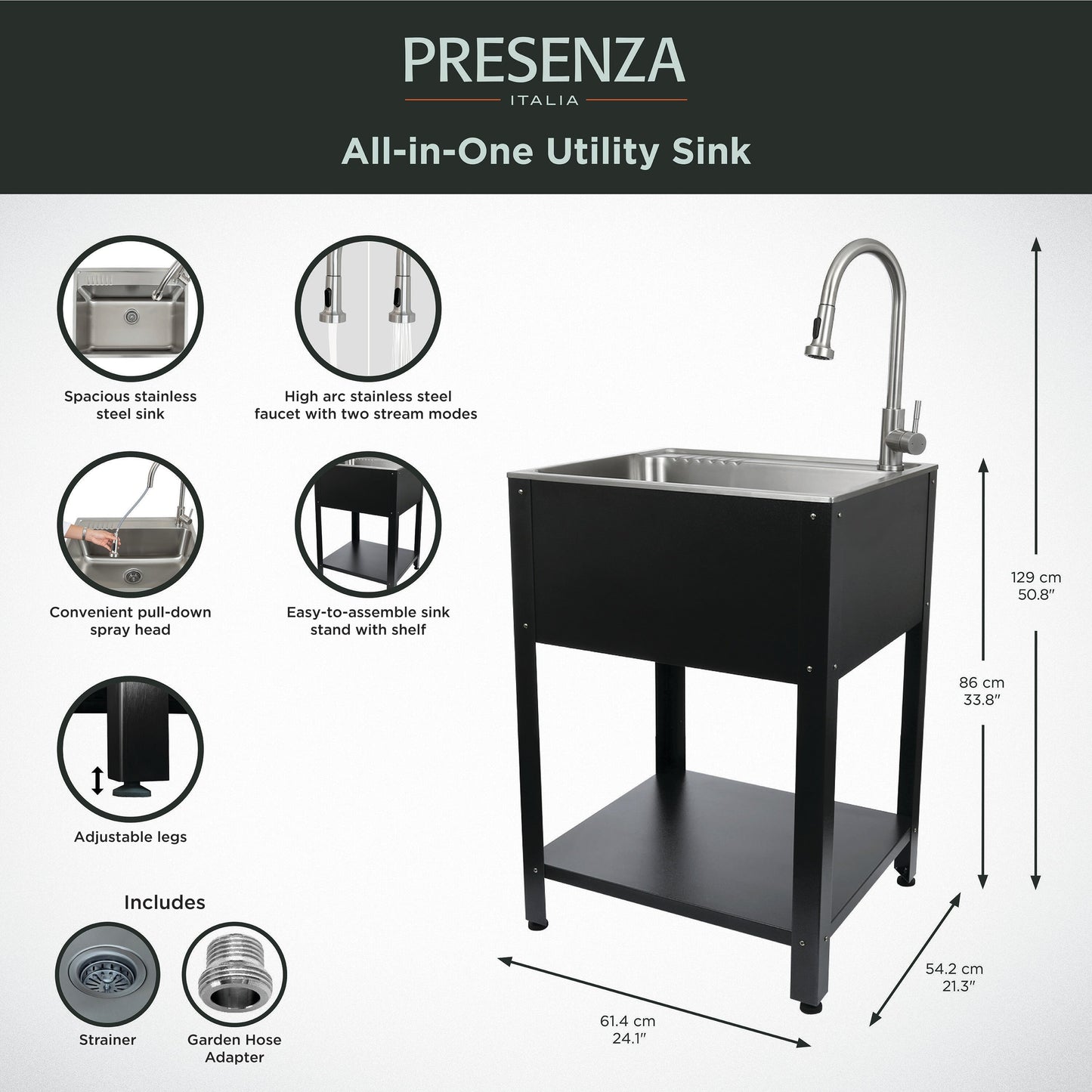 Presenza 24.1-in Brushed Steel Drop-In Utility Tub with Faucet