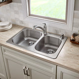 American Standard Sullivan 33-in x 22-in Stainless Steel Double Offset Bowl Drop-In 2-Hole Kitchen Sink All-in-One Kit with Faucet & Soap Dispenser